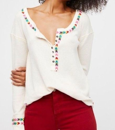 Free People NWT Cream Colored Embroidered Thermal Henley Top Size