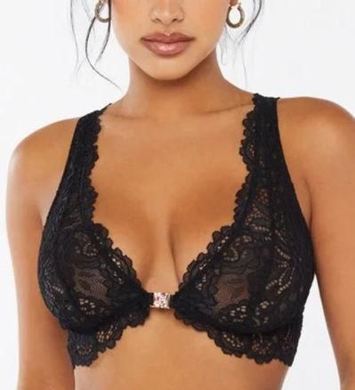 Romantic Corded Lace Front-Closure Push-Up Bra in Black