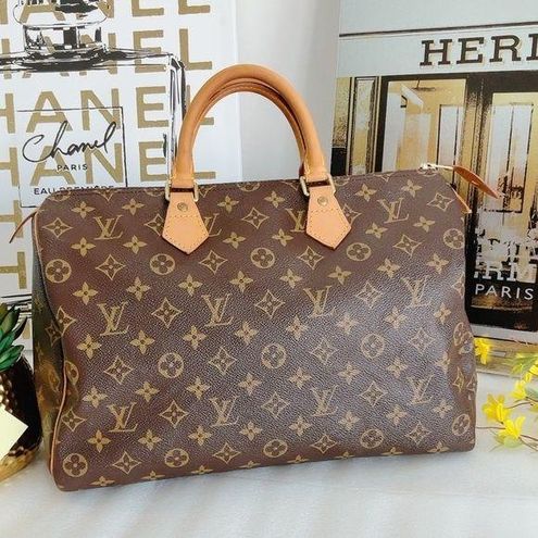 Louis Vuitton Speedy 35 Monogram Canvas Satchel Bag Brown