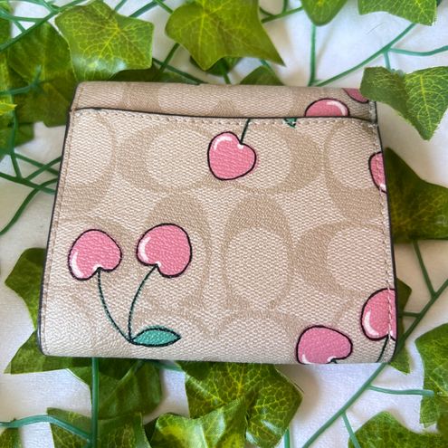 Coach Small Trifold Wallet In Signature Canvas With Heart Cherry Print