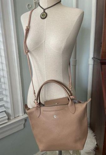 Longchamp Le Pliage Medium Beige Leather Handbag Tote Shoulder Bag