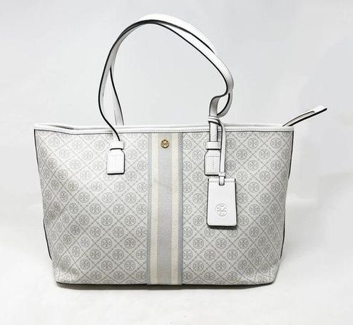 Tory Burch [] T Monogram Coated Canvas Tote Bag Gray White Zip Top Logo  Purse - $128 - From Teressa