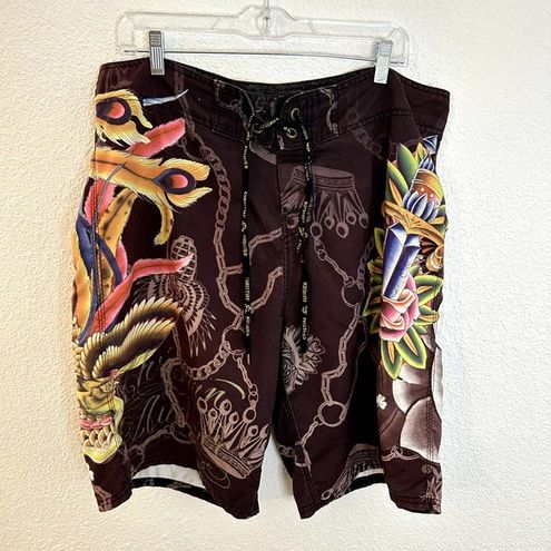 Ed Hardy Christian Audigier Board Shorts AOP Tattoo Mens Size 38