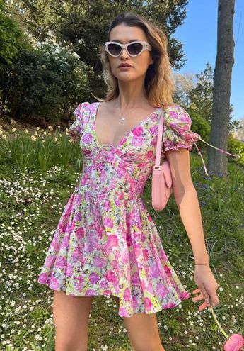 For Love & Lemons Paulina Puff Sleeve Mini Dress in Pink - $208