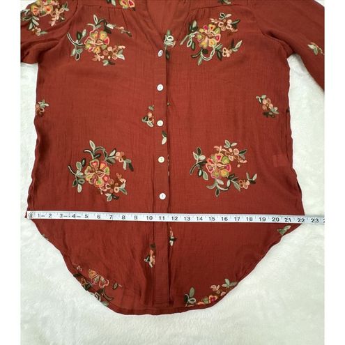 Figueroa & Flower Medium Embroidered Floral Roll-Tab Sleeve Blouse Rust  Boho Top Size 8 - $24 - From Misty