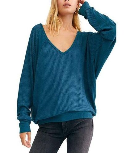 Free People Shirt Womens Small Turquoise Blue Thermal Waffle Knit Relaxed -  $29 - From Savannah
