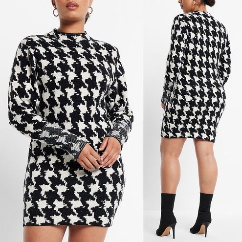 Express  Houndstooth Mock Neck Padded Shoulder Sweater Dress in