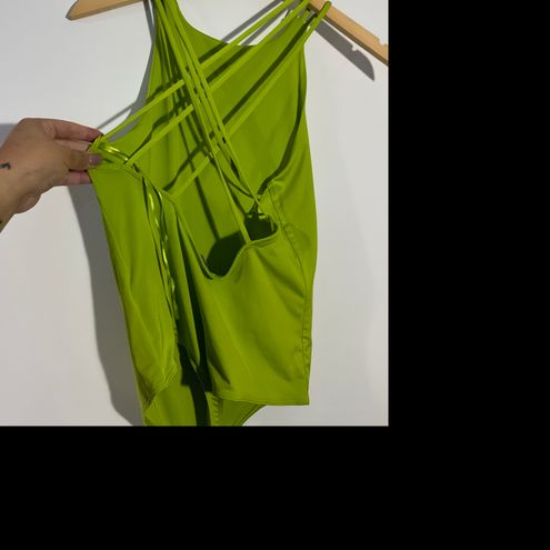 EXPRESS New Luxe Body Contour Lime Green Bodysuit Cross Cross Back