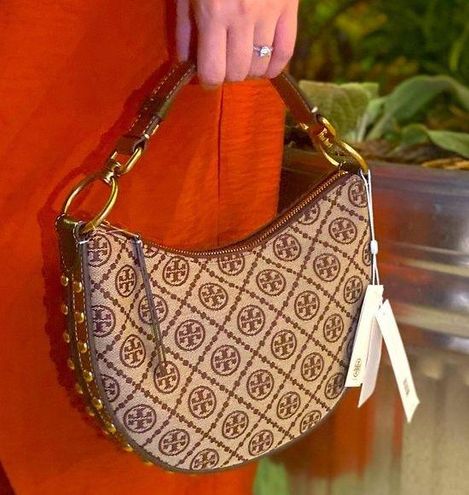 AUTH NWT $548 Tory Burch T Monogram Jacquard Studded Mini Crescent Bag In  Claret