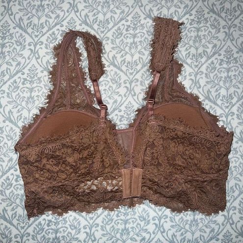 Aerie Rose Brown Eyelash Lace Padded Plunge Bralette M NWOT