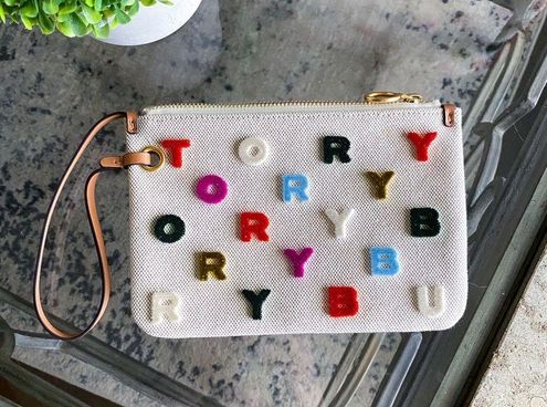 Tory Burch Bag Perry Fil Coupe Wristlet Letters Canvas Natural