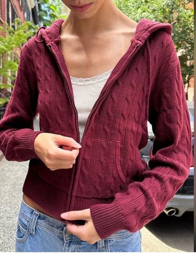 Brandy Melville Maroon Cropped Hooded Cable Knit Ayla Sweater Red - $50 -  From Mia