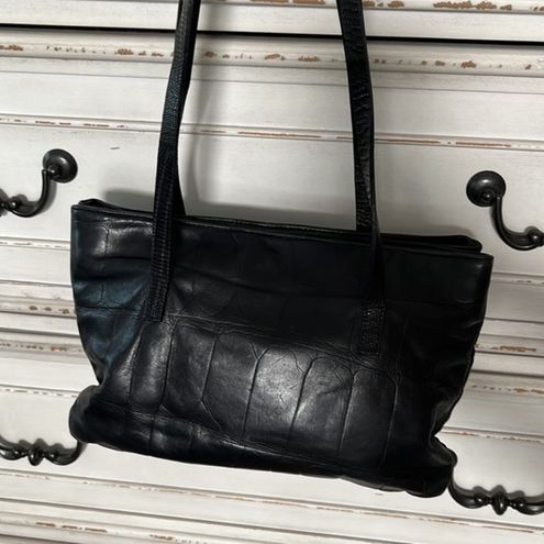Falor Le Borse Embossed Black Croc Italian Leather Purse Shoulder