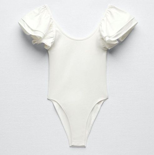 ZARA Ribbed Voluminous Balloon Long Sleeve Cut Out Bodysuit Size S White -  $39 New With Tags - From Ann