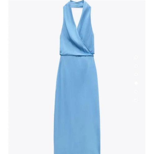 ZARA SKY BLUE Satin Silky Halterneck Open Back Midi Dress Size S