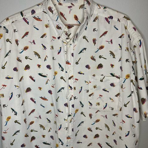 Columbia Vintage White Fish Lure Design Short Sleeve Button