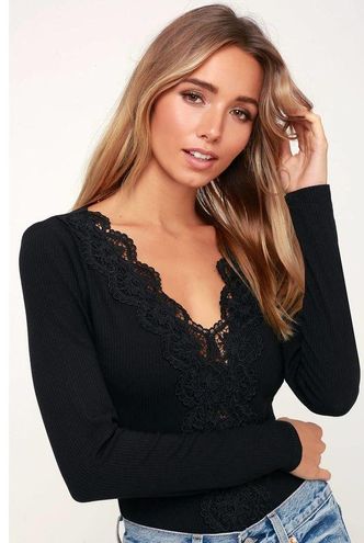 Lulus Come Back To You Black Lace Long Sleeve Bodysuit S - $43