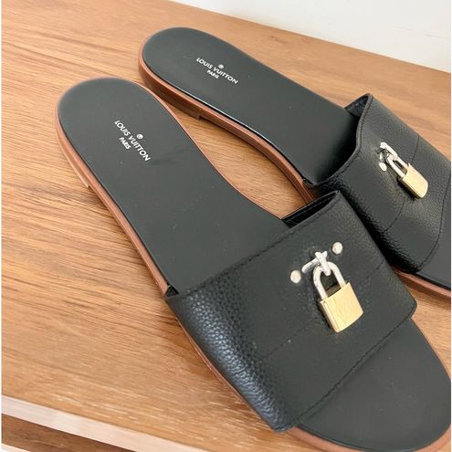 Louis Vuitton Black Grained Leather Lock It Flat Slides Size 41