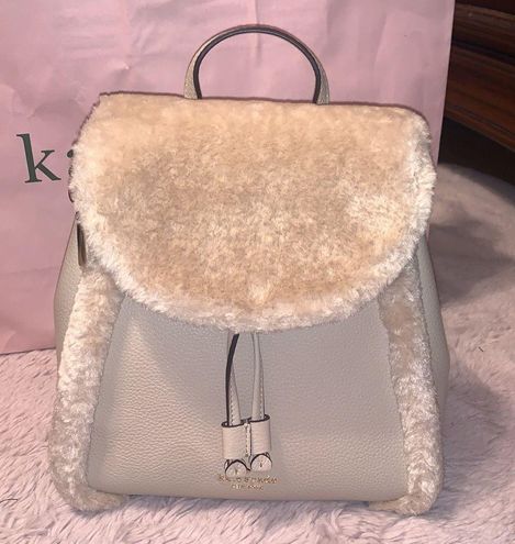 Kate Spade K9398 Leila Flap Backpack Fur Faux Shearling Light Sand