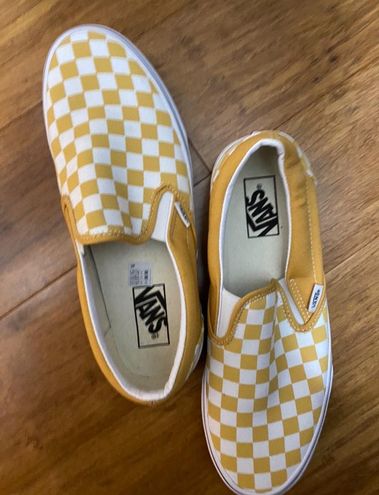 mustard yellow checkerboard slip on vans