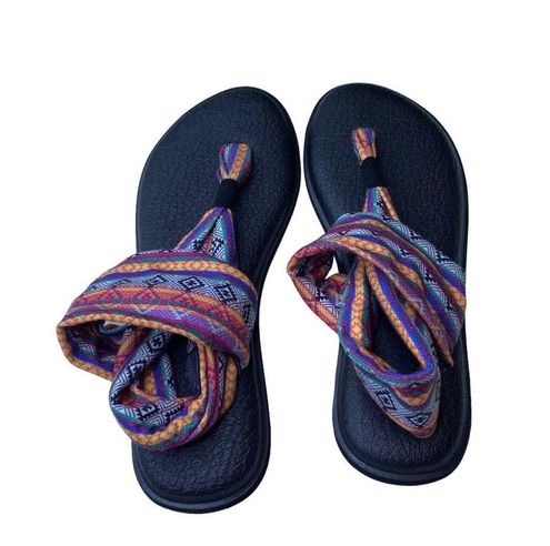 Sanuk Yoga Sling Sandals Flip Flop Aztec Blue Yellow Pink. Size 9