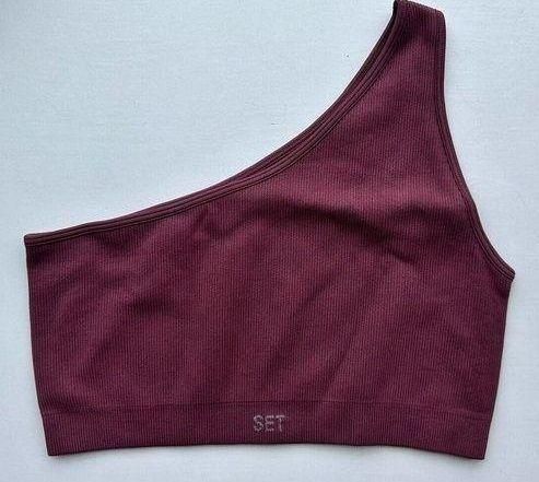 Set Active Sports Bra Sculptflex Ribbed One Shoulder Burgundy Sz L