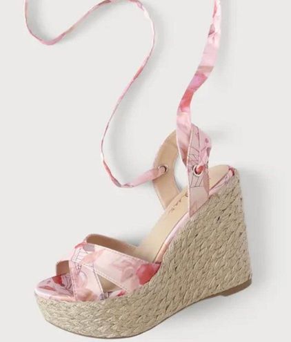 Esme Pink Floral Lace-Up Espadrille Wedges