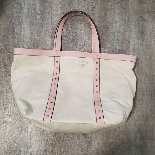 Victoria's Secret White and Pink Canvas Studded Tote Bag - $28