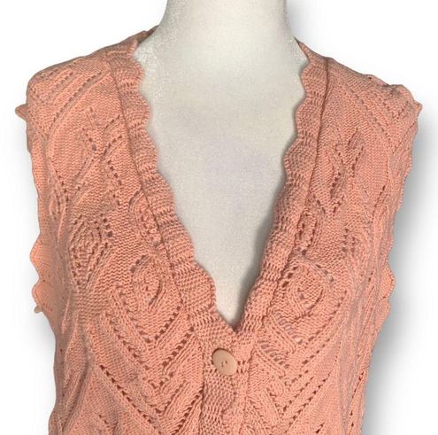 Vintage Sunbelt Sweater Vest Pink Pointelle Knit Scalloped Vneck