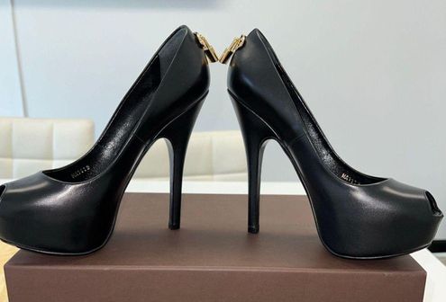 Louis Vuitton “Oh Really” Matte Black Leather Gold Lock Platform Peep Toe  Size 8 - $622 (58% Off Retail) - From Jeremy