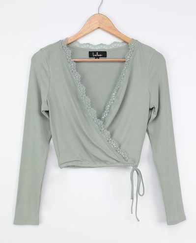 Lulus A Little Flirty Sage Green Ribbed Lace Long Sleeve Crop Top Size L -  $20 - From Hi