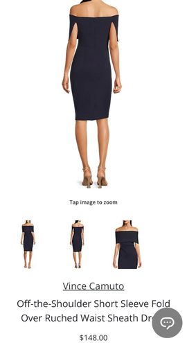 Vince Camuto Off-The-Shoulder Short Sleeve Fold Over Ruched Waist Sheath Dress, Womens, 2, Navy