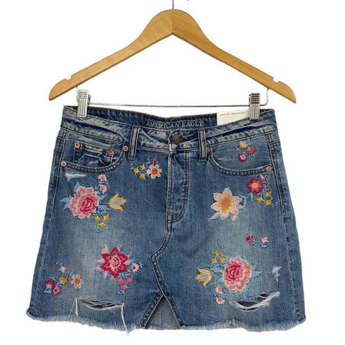 American Eagle Embroidered Floral Denim Jean Mini Skirt Button