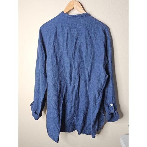 Flax by Jeanne Engelhart Blue Button Down Collarless Tunic 100