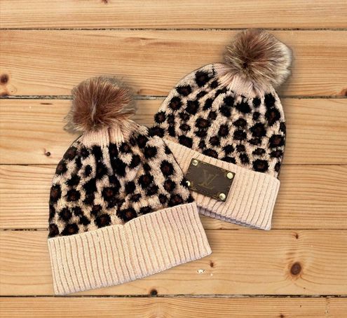 Tan Leopard Fur Pom Pom Re-purposed Lv Patch Beanie - $51