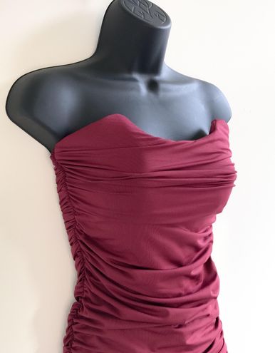 Forever Yours Ruched Bodycon Bandeau Midi Dress in Dark Red