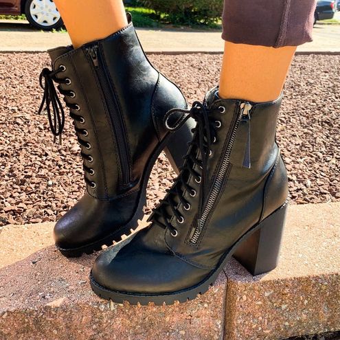 SODA Malia Black Womens Heeled Combat Boots