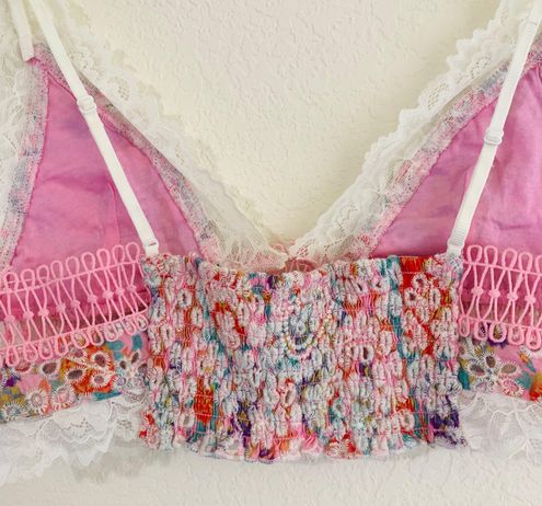 Free People Size Small Emma Soft Bra Blossom Combo Eyelet Bralette Pink  White