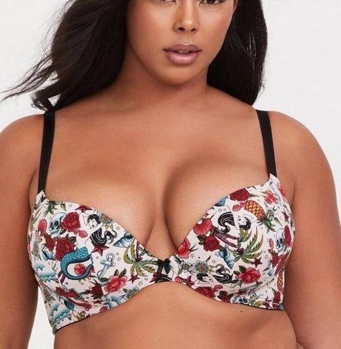 Torrid Tattoo White Plunge Push-Up Print Straight Back Bra Size