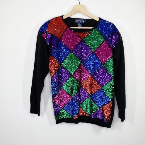 Le Chois Vintage Black Multi-Color Sequin Silk Blend Sweater