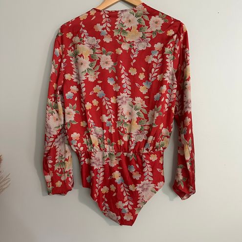 ZARA Red Floral Silky Bodysuit Top with Crossover Neckline - $25 - From  Ashleigh