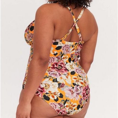 Plus Size - Neon Orange Floral Scallop Wireless One-Piece Swimsuit - Torrid