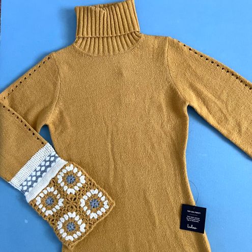 It's Groovy Mustard Yellow Multi Knit Turtleneck Sweater Dress