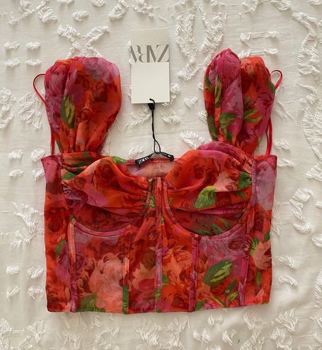 Zara, Tops, Host Pick Zara Red Floral Print Corset Top