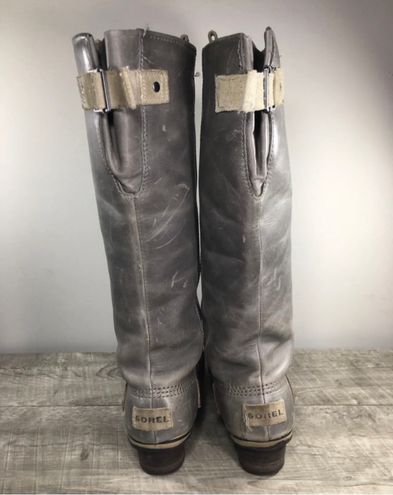 Sorel Slimpack Riding Tall Boot Shale Grey Womens 8.5 Broken Leather Strap