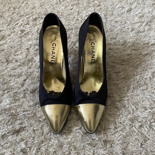 Chanel CC Gold-Tipped Heel Cap Toe Pumps