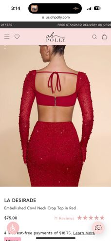 La Desirade Embellished Cowl Neck Crop Top in Red