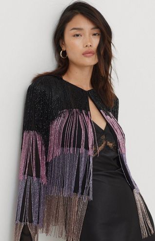 Nasty Gal Womens Metallic Tiered Fringe Jacket - Black