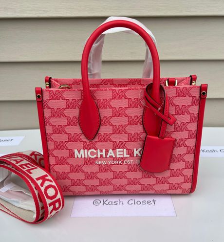 Michael Kors Mirella Large Logo Jacquard Tote Crossbody Bag Grapefruit Pink  MK