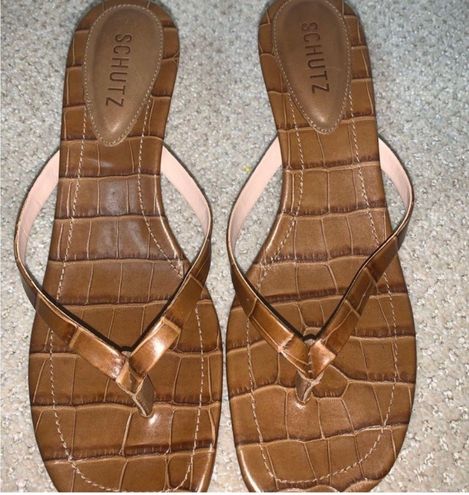 Schutz Ivone Brown Crocodile Flip Flop Kitten Heel Size 7.5 75